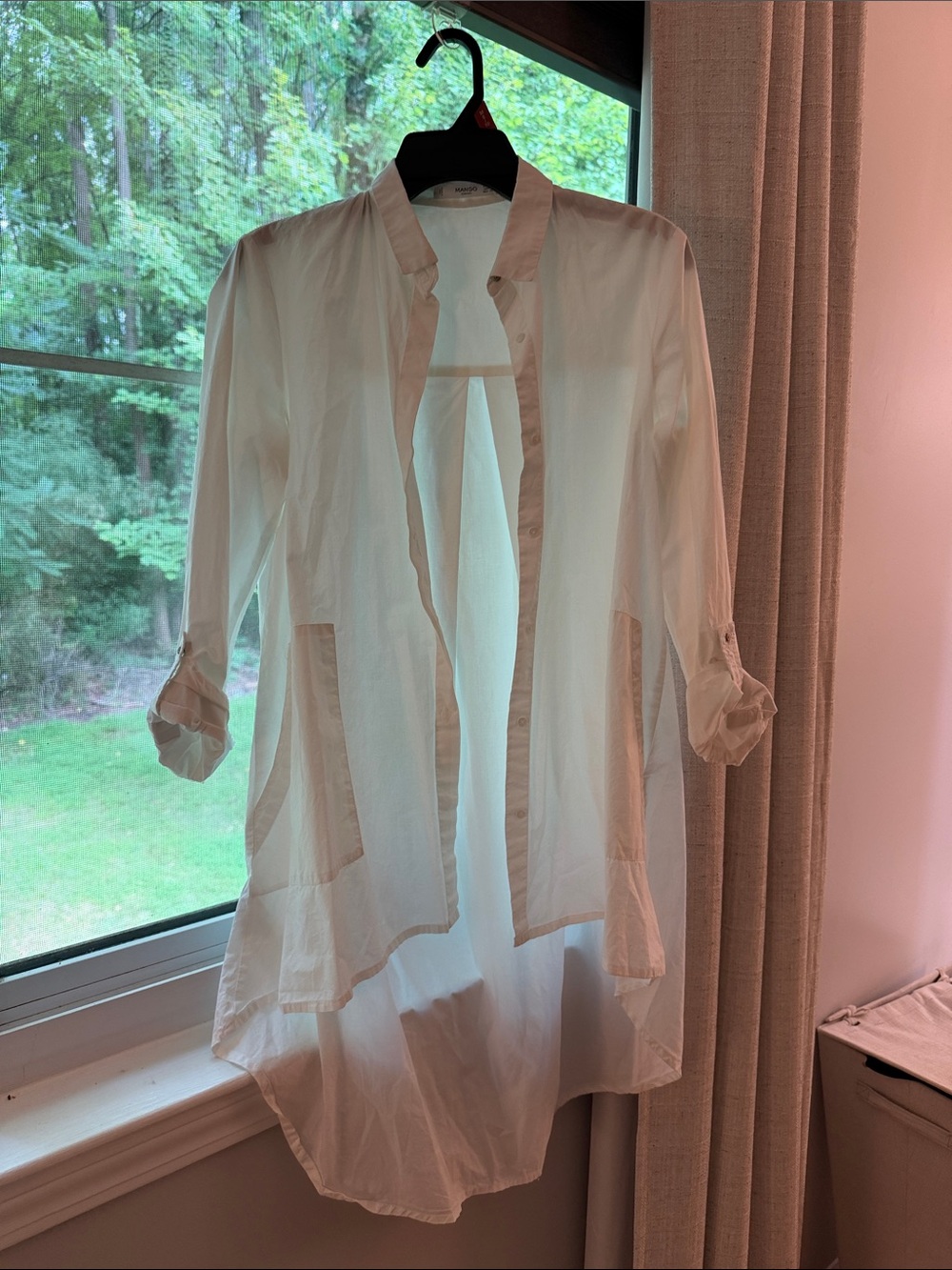 Mango Cream Longline Sheer Button-Front Blouse